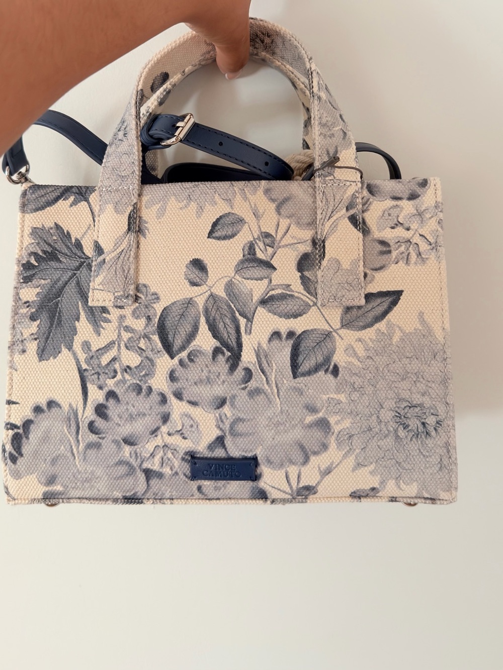 Vince Camuto Beige Floral Canvas Tote with Navy Accents - Picture 2 of 2